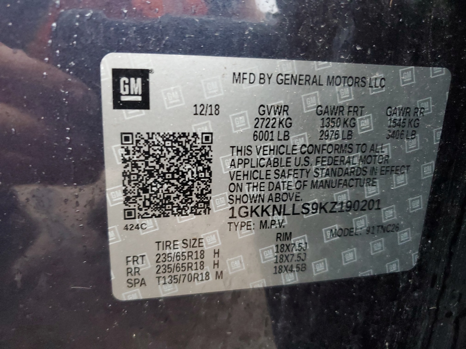 1GKKNLLS9KZ190201 2019 GMC Acadia Sle