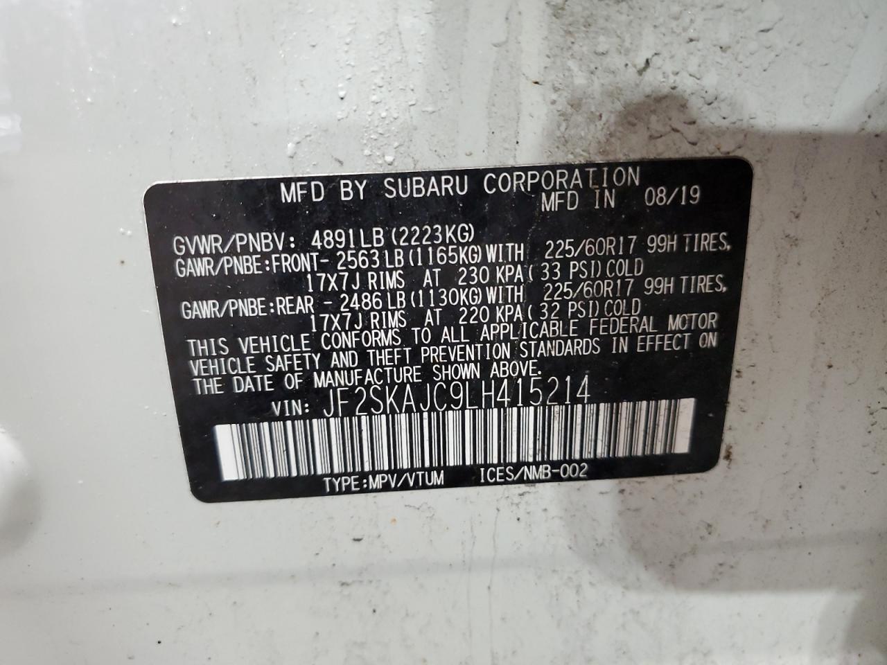 2020 Subaru Forester Premium VIN: JF2SKAJC9LH415214 Lot: 64850244