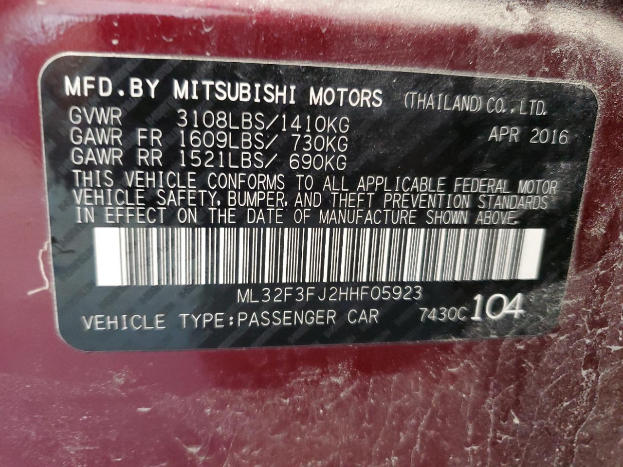 2017 Mitsubishi Mirage G4 Es VIN: ML32F3FJ2HHF05923 Lot: 61496764