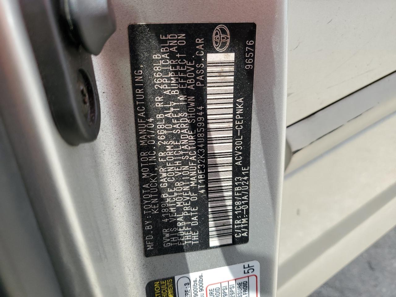 2004 Toyota Camry Le VIN: 4T1BE32K34U859944 Lot: 63968414