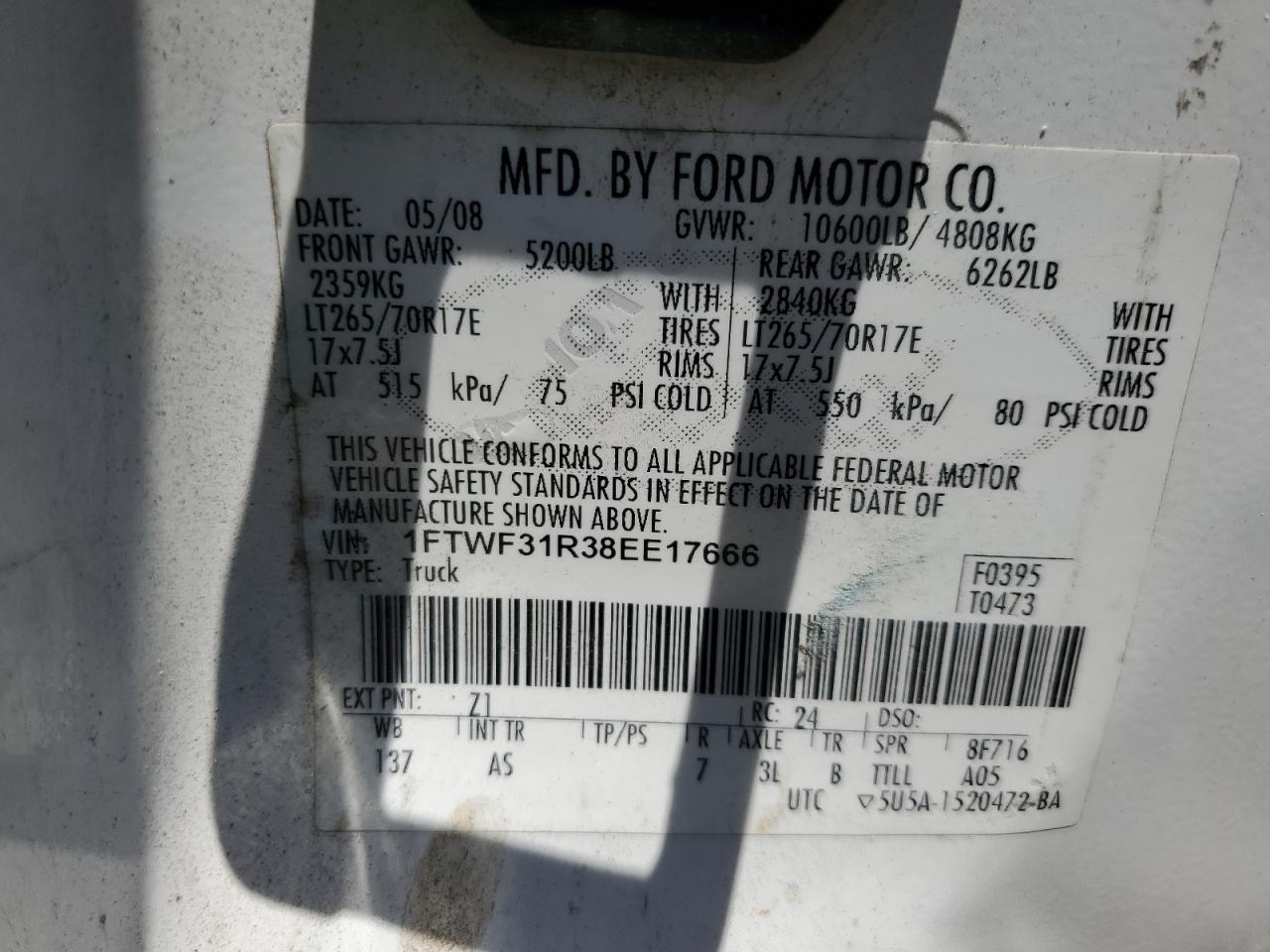 2008 Ford F350 Srw Super Duty VIN: 1FTWF31R38EE17666 Lot: 59750914