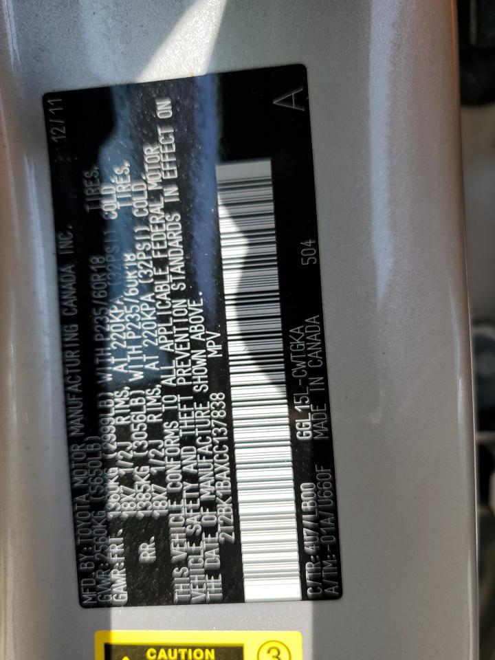 2012 Lexus Rx 350 VIN: 2T2BK1BAXCC137838 Lot: 63906134