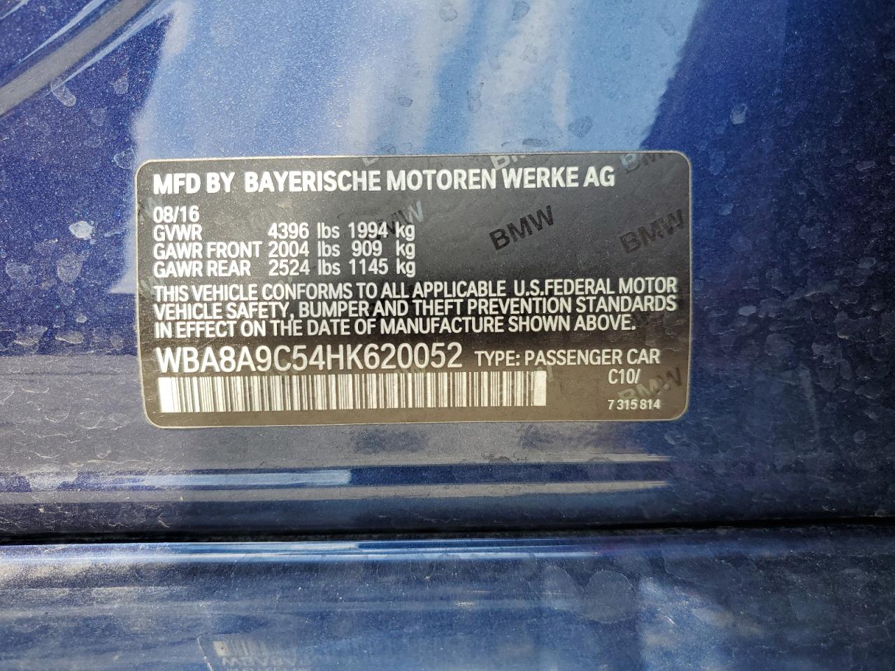 2017 BMW 320 I VIN: WBA8A9C54HK620052 Lot: 63076384