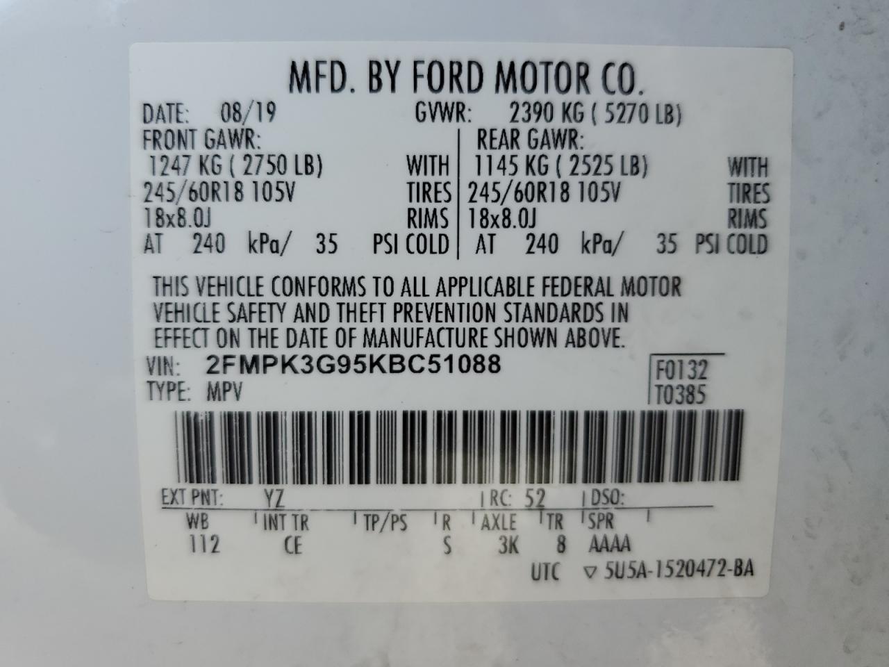 2019 Ford Edge Se VIN: 2FMPK3G95KBC51088 Lot: 61417924