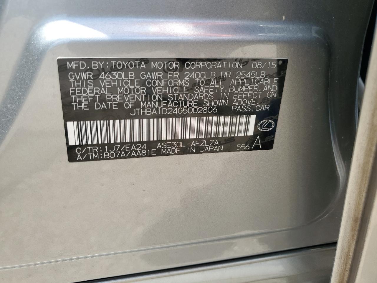 2016 Lexus Is 200T VIN: JTHBA1D24G5002806 Lot: 63044844