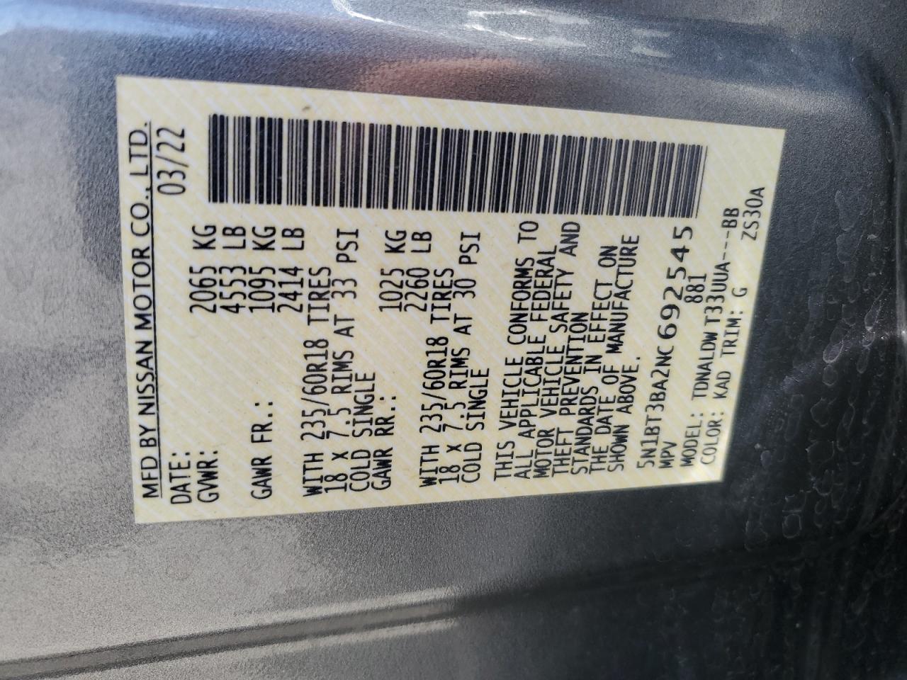 2022 Nissan Rogue Sv VIN: 5N1BT3BA2NC692545 Lot: 63722564