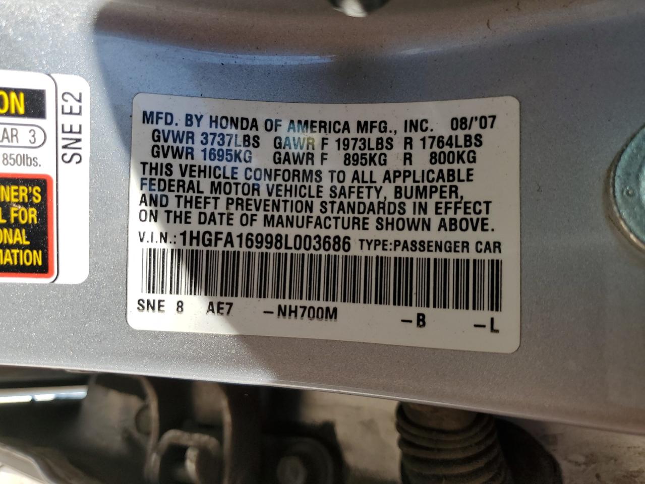 2008 Honda Civic Exl VIN: 1HGFA16998L003686 Lot: 65780664