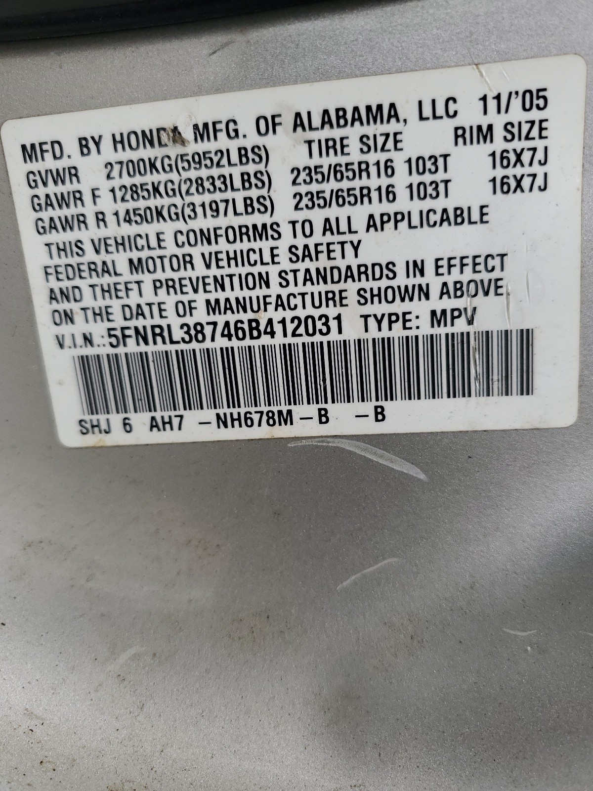 5FNRL38746B412031 2006 Honda Odyssey Exl