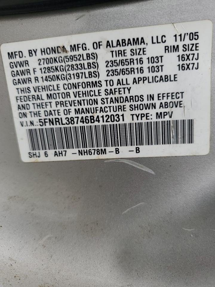 2006 Honda Odyssey Exl VIN: 5FNRL38746B412031 Lot: 64831234