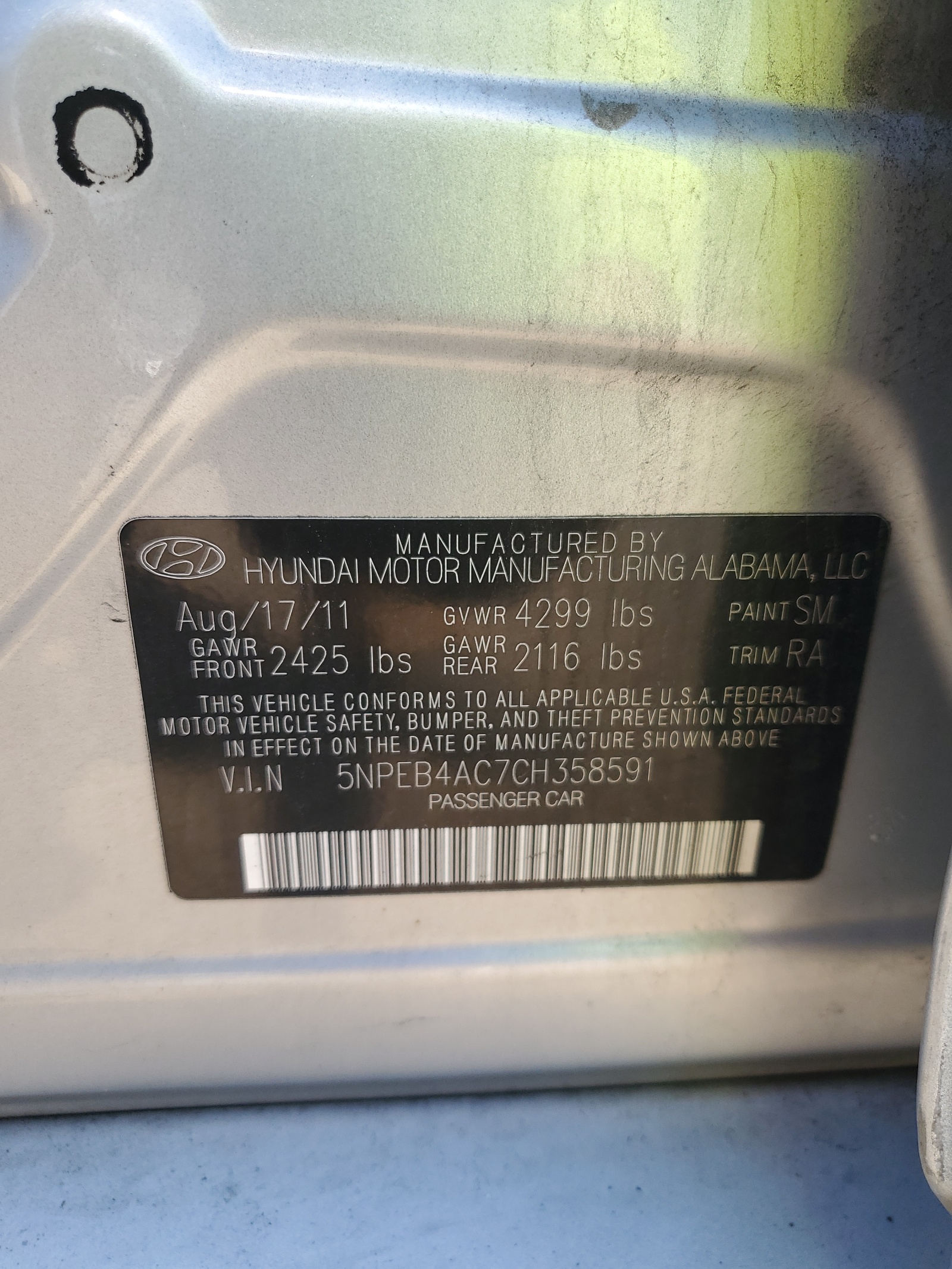 5NPEB4AC7CH358591 2012 Hyundai Sonata Gls