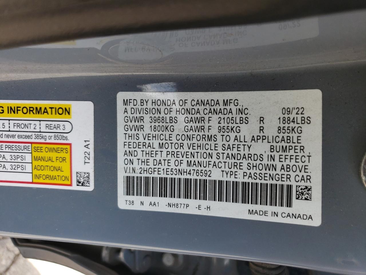2HGFE1E53NH476592 2022 Honda Civic Si