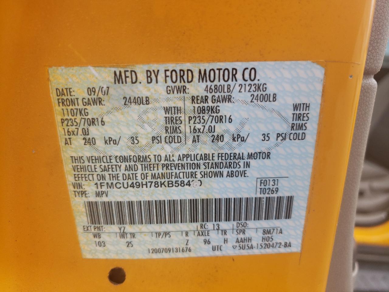 2008 Ford Escape Hev VIN: 1FMCU49H78KB58400 Lot: 64672714