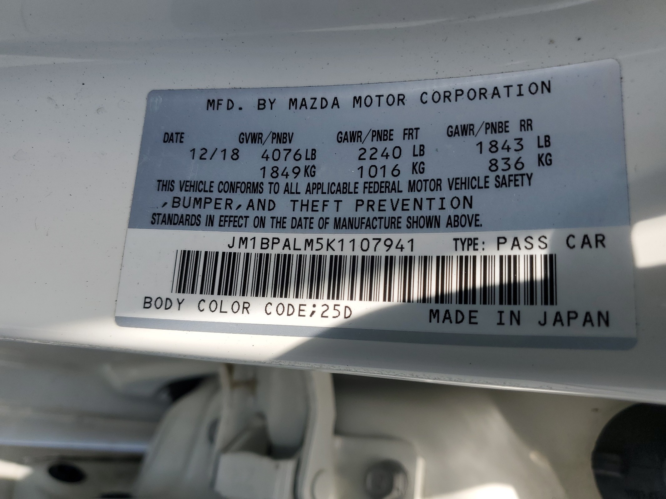 JM1BPALM5K1107941 2019 Mazda 3 Preferred Plus