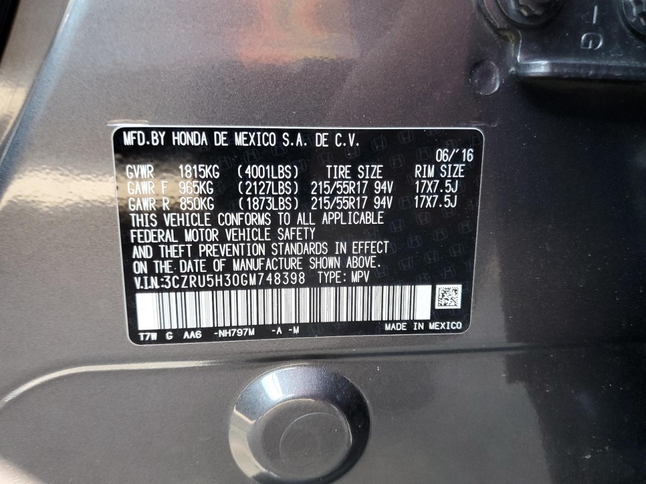 2016 Honda Hr-V Lx VIN: 3CZRU5H30GM748398 Lot: 63565154