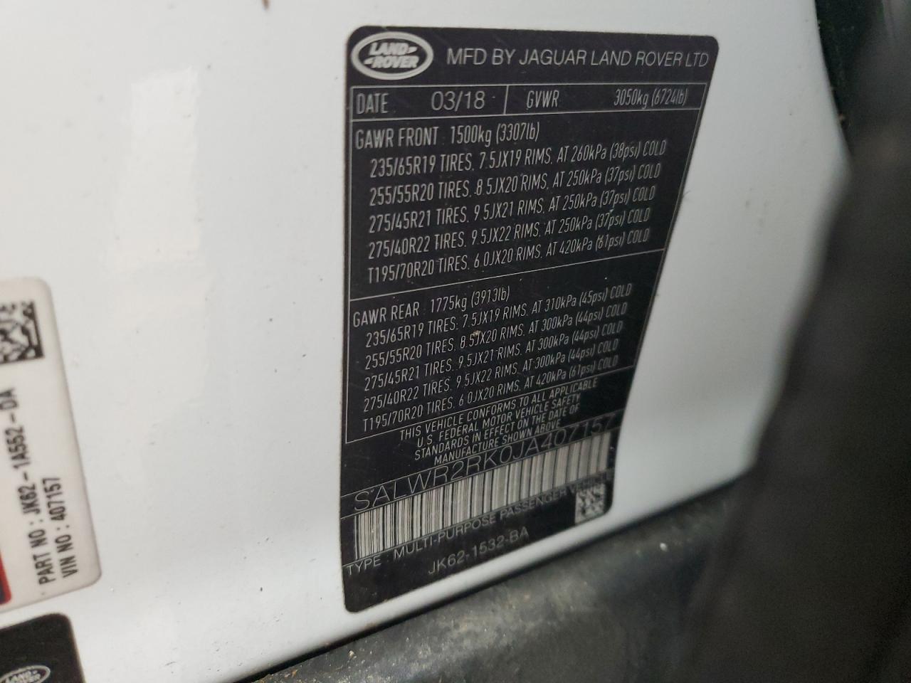 2018 Land Rover Range Rover Sport Hse VIN: SALWR2RK0JA407157 Lot: 64434304