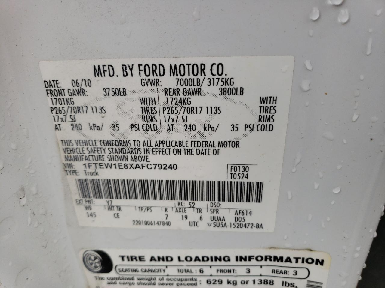 2010 Ford F150 Supercrew VIN: 1FTEW1E8XAFC79240 Lot: 61648614