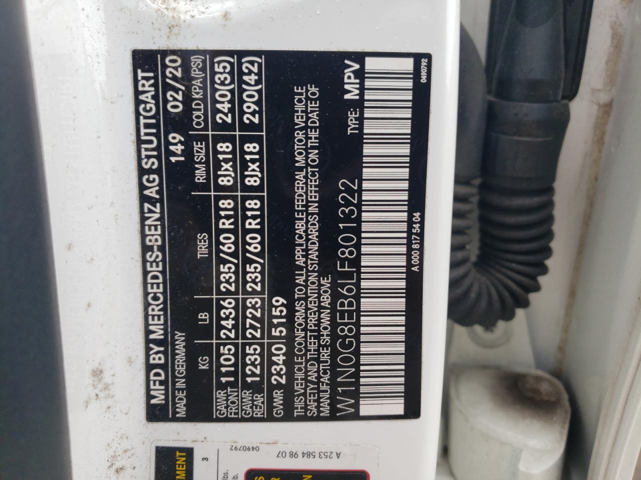 2020 Mercedes-Benz Glc 300 4Matic VIN: W1N0G8EB6LF801322 Lot: 63252394