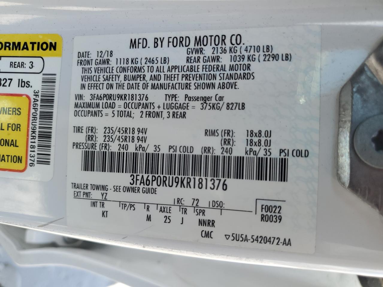 3FA6P0RU9KR181376 2019 Ford Fusion Titanium