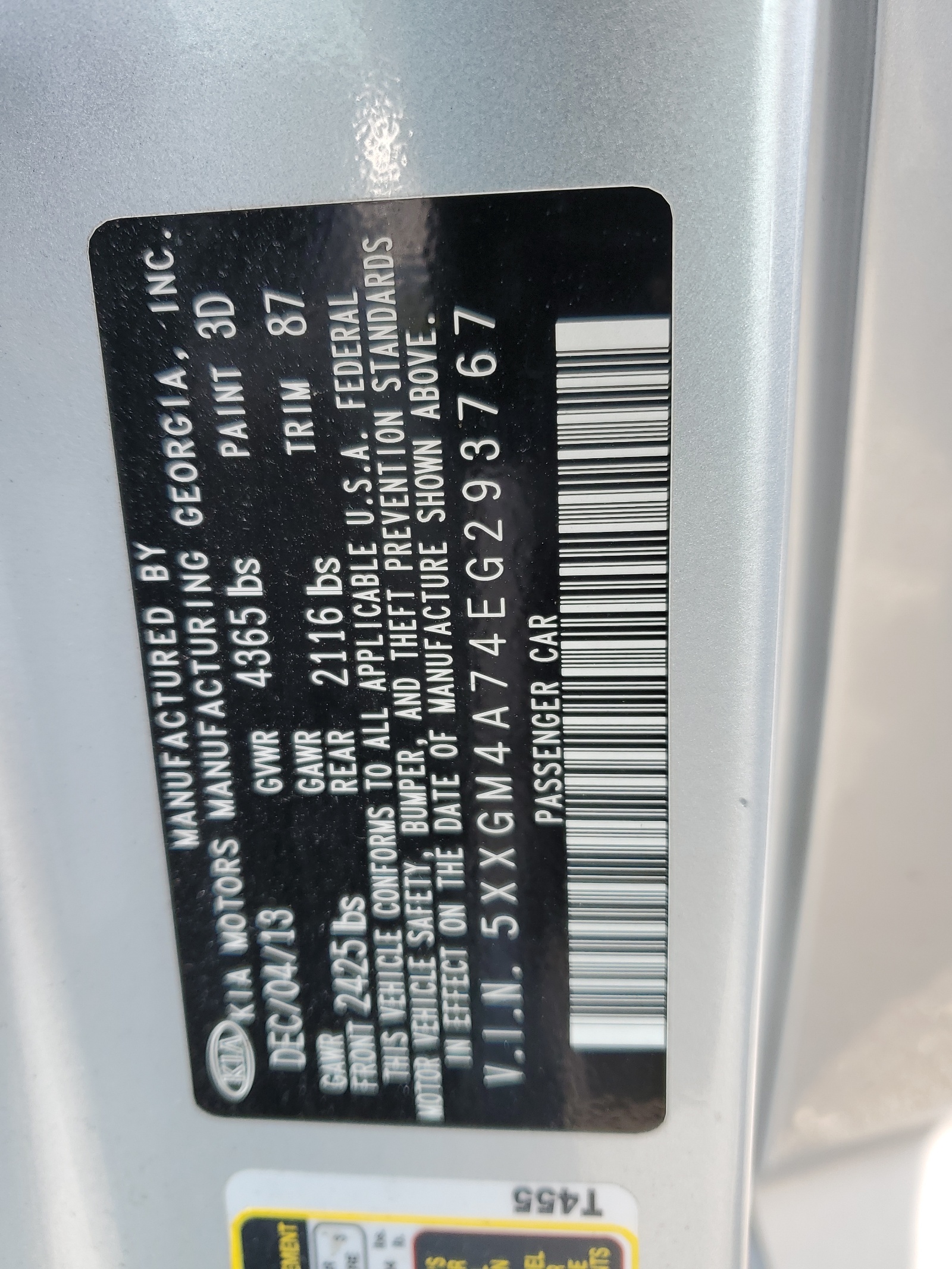 5XXGM4A74EG293767 2014 Kia Optima Lx