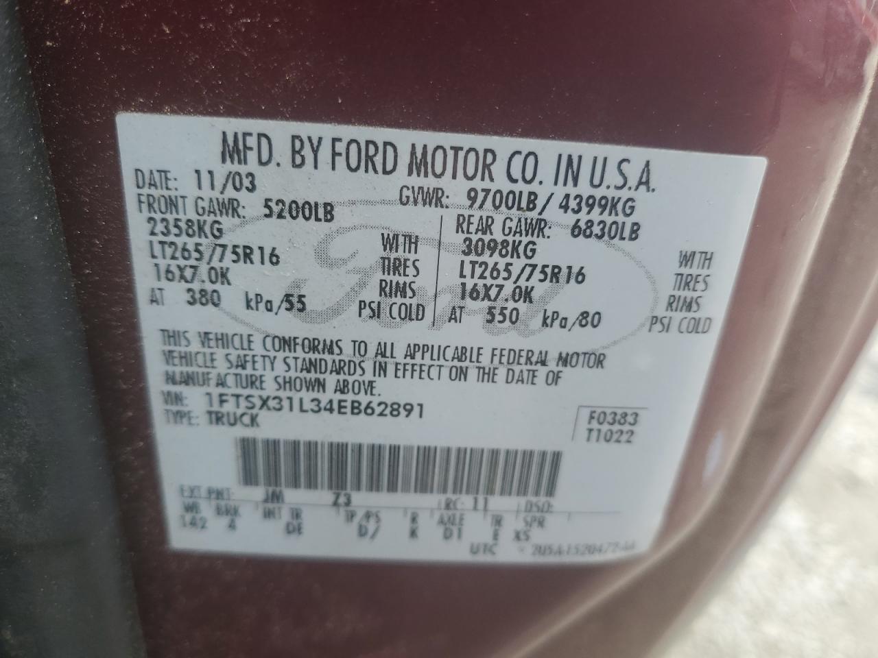 2004 Ford F350 Srw Super Duty VIN: 1FTSX31L34EB62891 Lot: 64443794