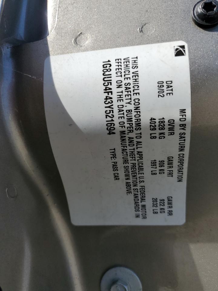 2003 Saturn L200 VIN: 1G8JU54F43Y521694 Lot: 62317014