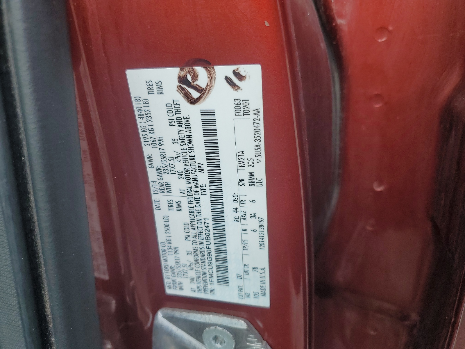 1FMCU9G90FUB02471 2015 Ford Escape Se