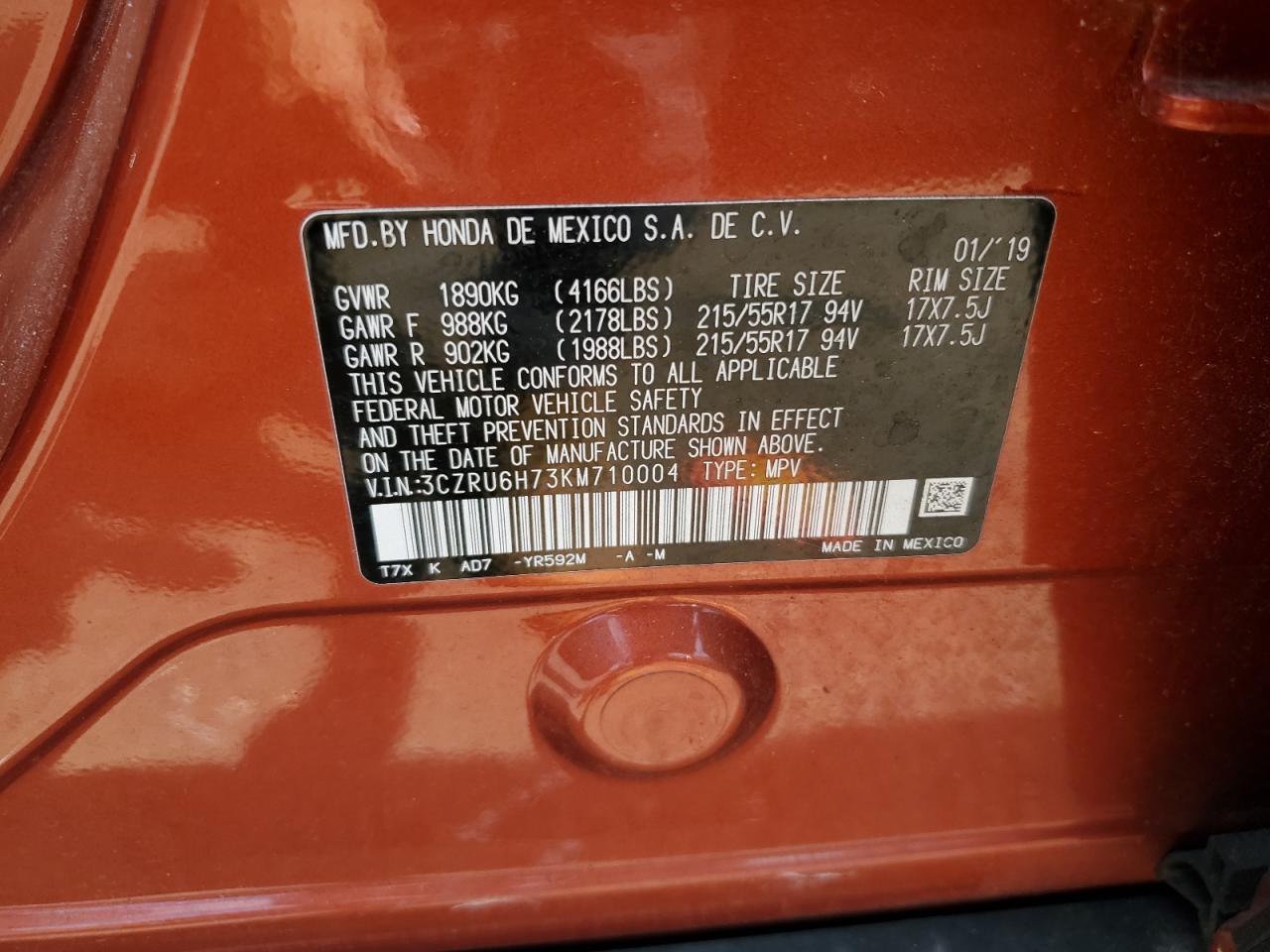 2019 Honda Hr-V Exl VIN: 3CZRU6H73KM710004 Lot: 64864914