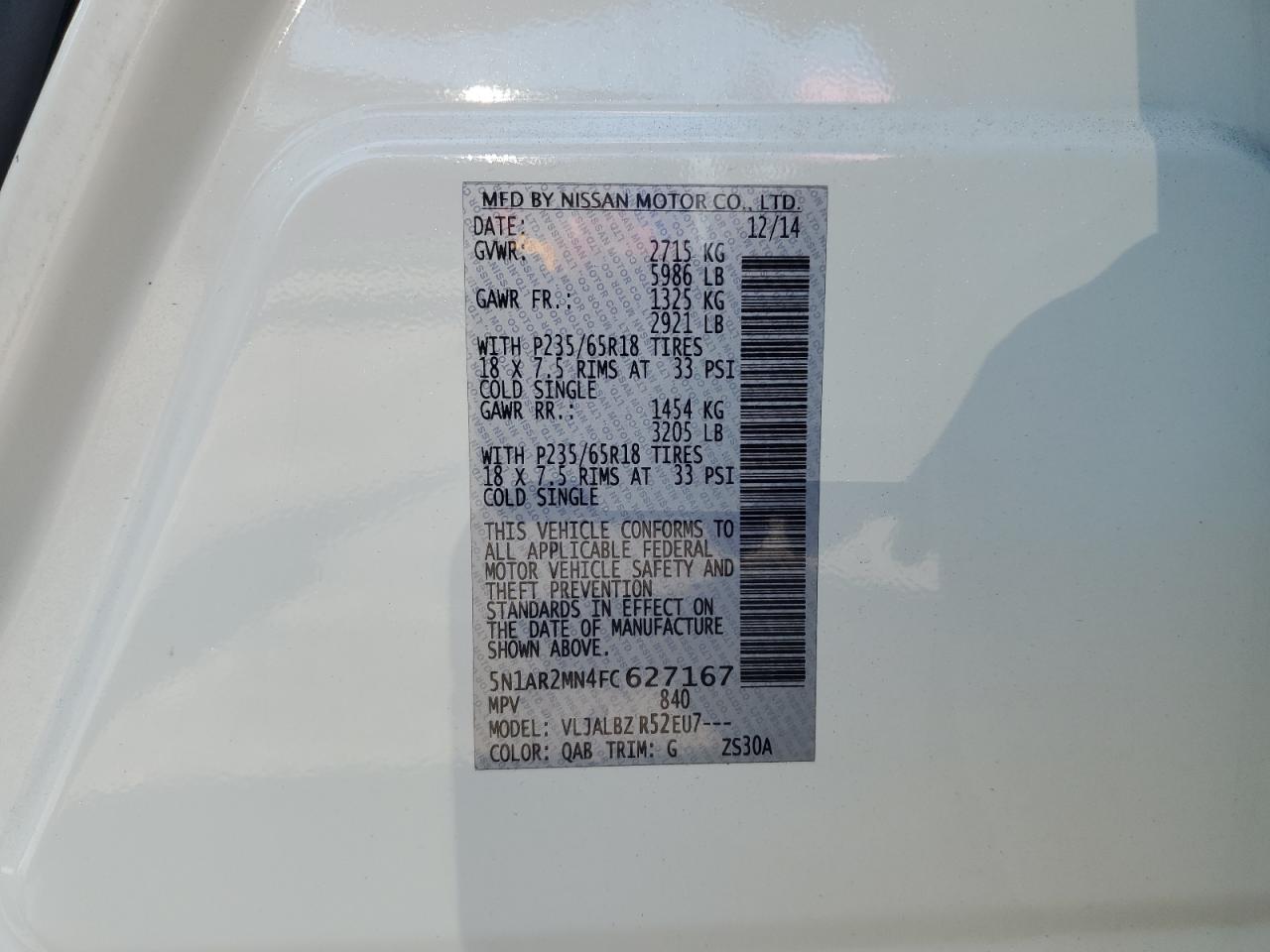 2015 Nissan Pathfinder S VIN: 5N1AR2MN4FC627167 Lot: 61968764