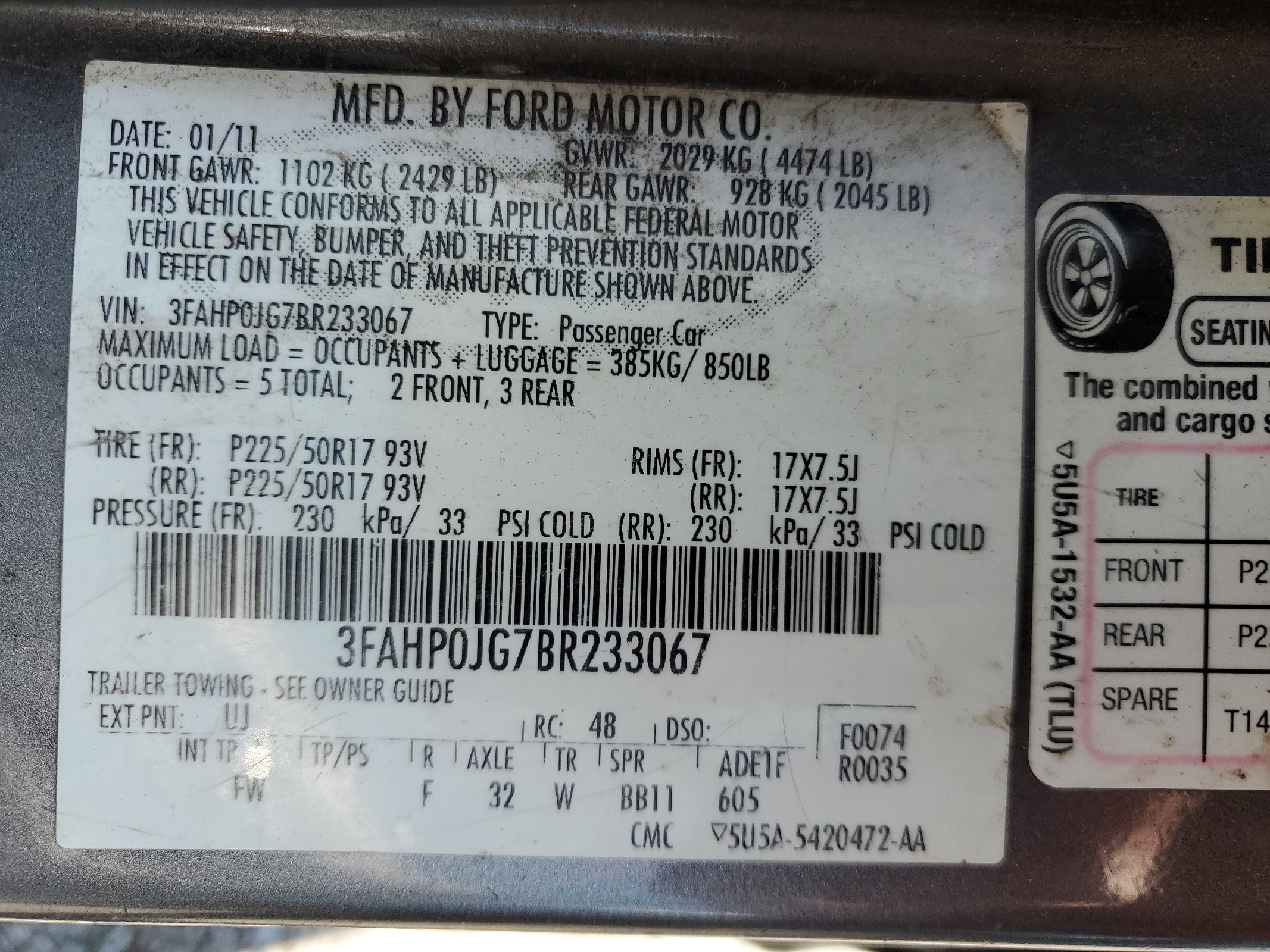 3FAHP0JG7BR233067 2011 Ford Fusion Sel
