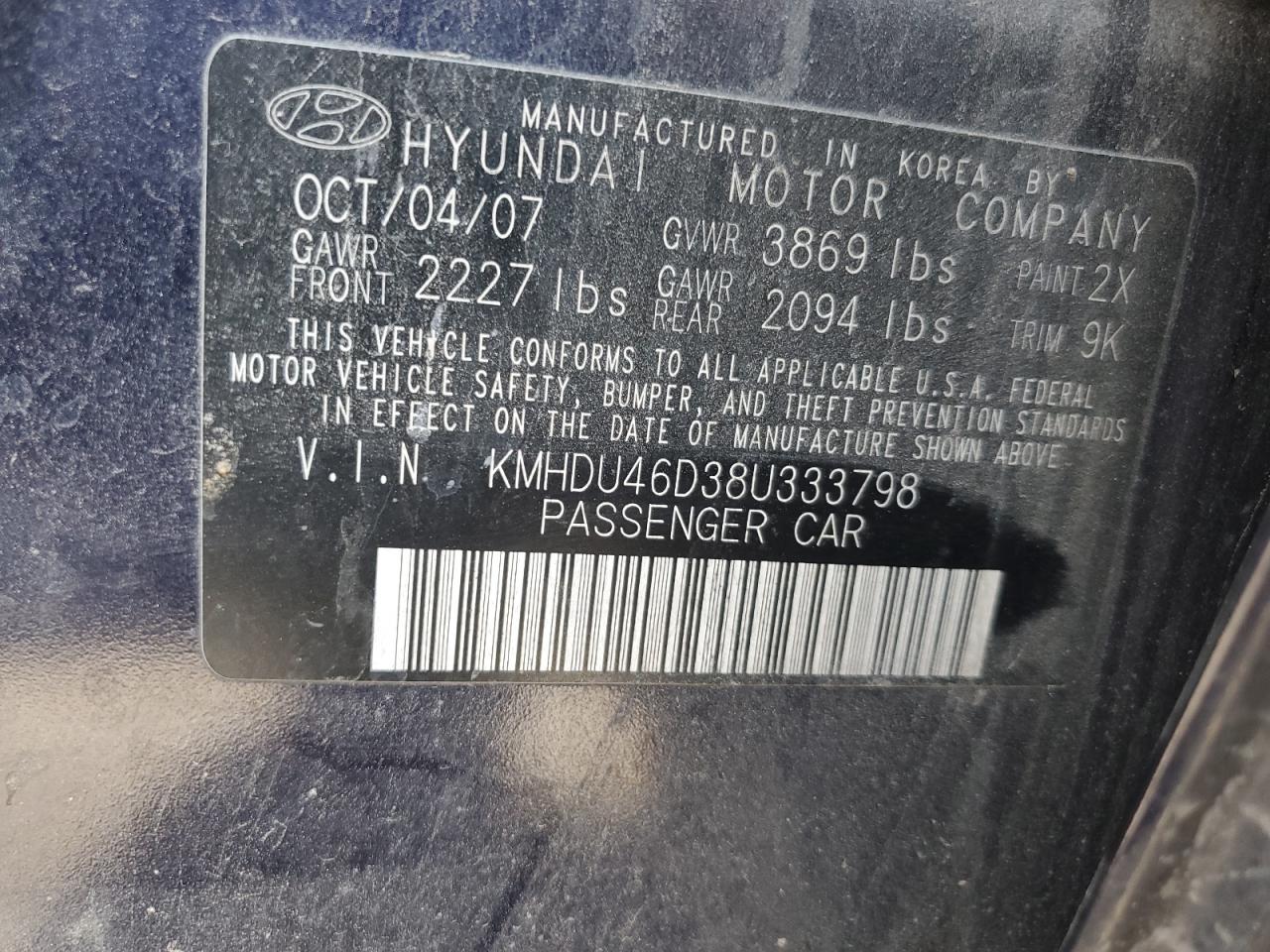 2008 Hyundai Elantra Gls VIN: KMHDU46D38U333798 Lot: 64492154