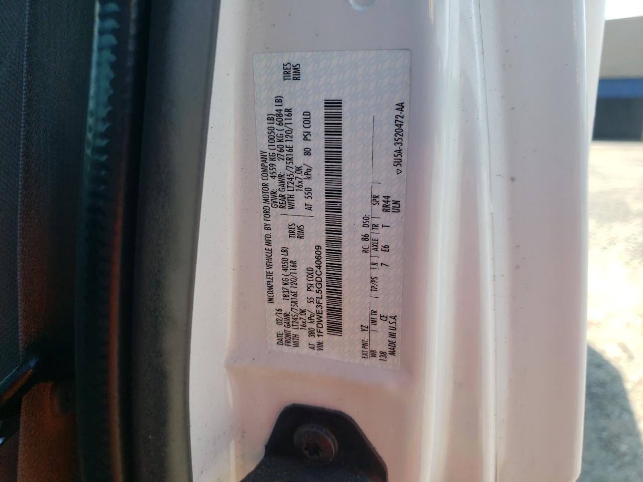 2016 Ford Econoline E350 Super Duty Cutaway Van VIN: 1FDWE3FL5GDC40609 Lot: 67001764