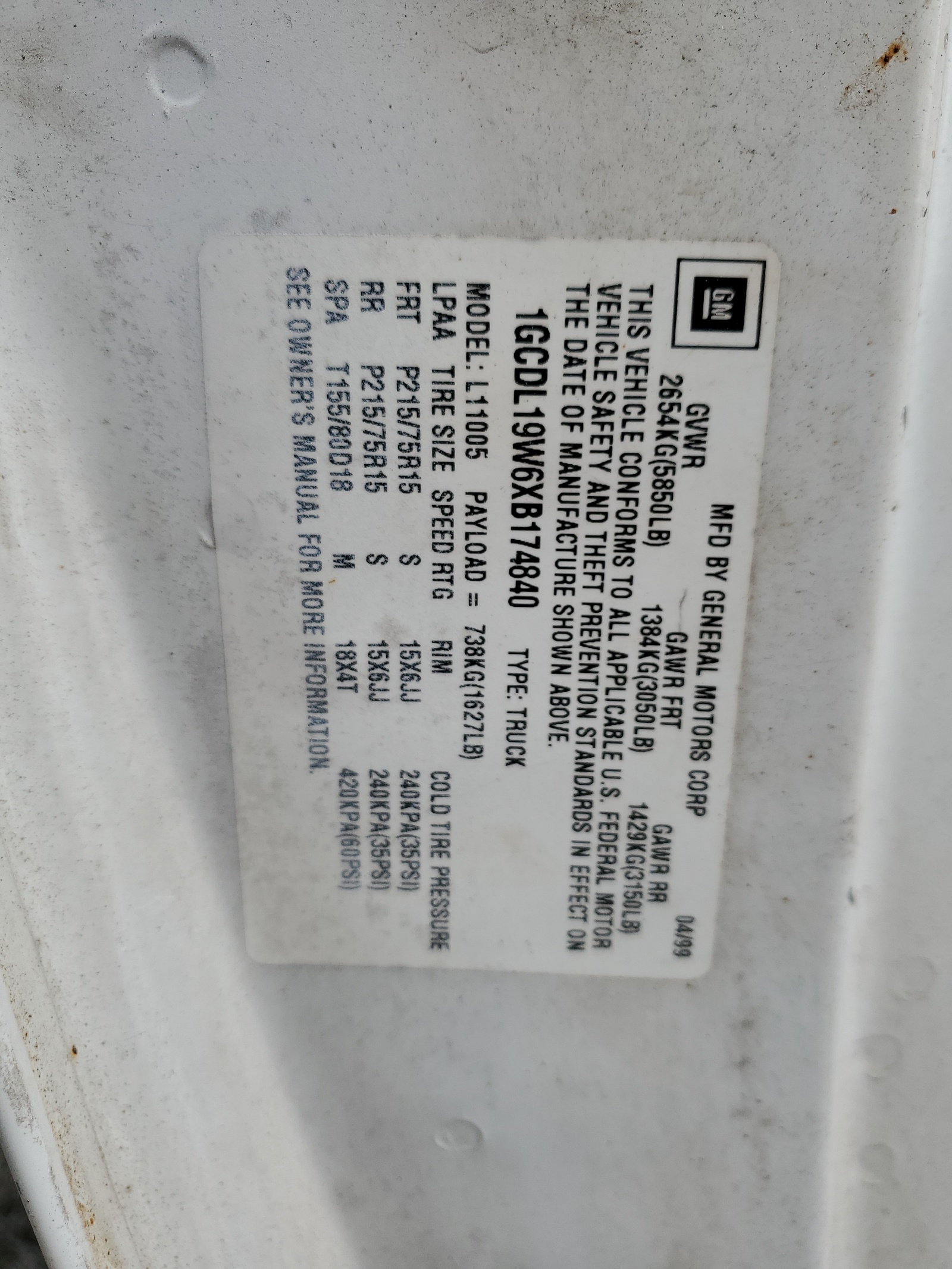 1GCDL19W6XB174840 1999 Chevrolet Astro