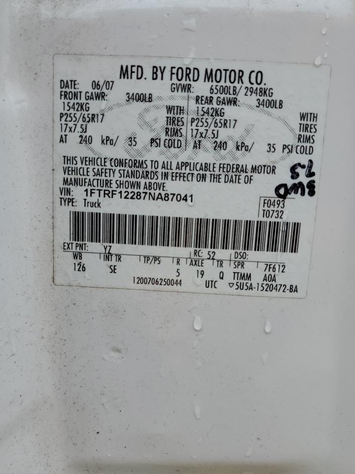 2007 Ford F150 VIN: 1FTRF12287NA87041 Lot: 62312064