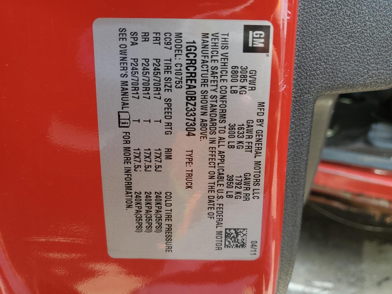 2011 Chevrolet Silverado C1500 Ls VIN: 1GCRCREA0BZ337304 Lot: 63040494