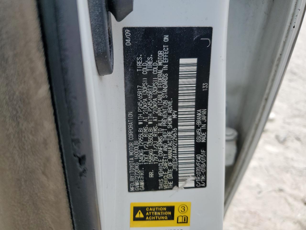 2009 Toyota Highlander VIN: JTEES41A492129676 Lot: 62458884