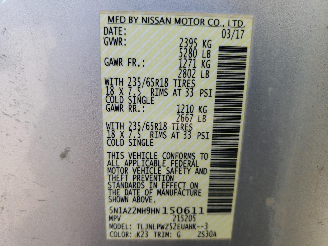 2017 Nissan Murano S VIN: 5N1AZ2MH9HN150611 Lot: 62048314