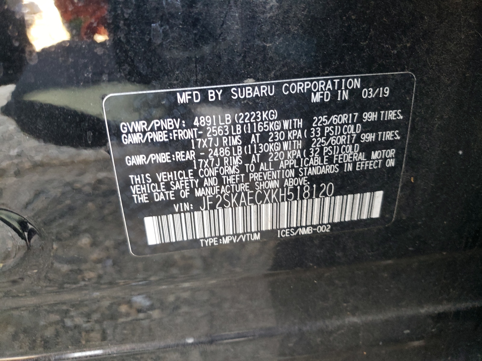JF2SKAECXKH518120 2019 Subaru Forester Premium