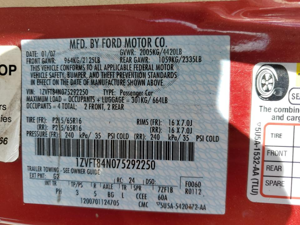 1ZVFT84N075292250 2007 Ford Mustang