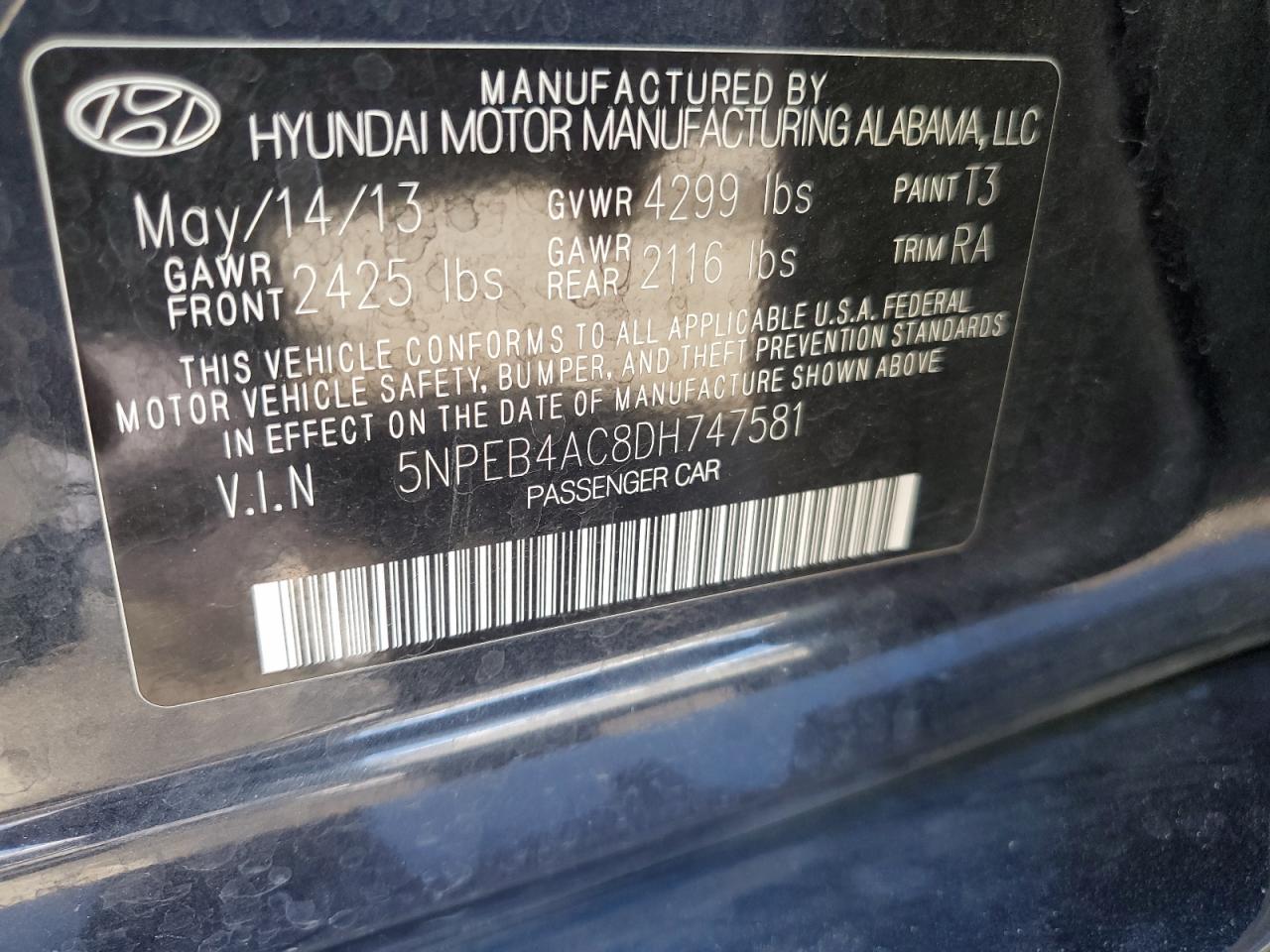 2013 Hyundai Sonata Gls VIN: 5NPEB4AC8DH747581 Lot: 63664344