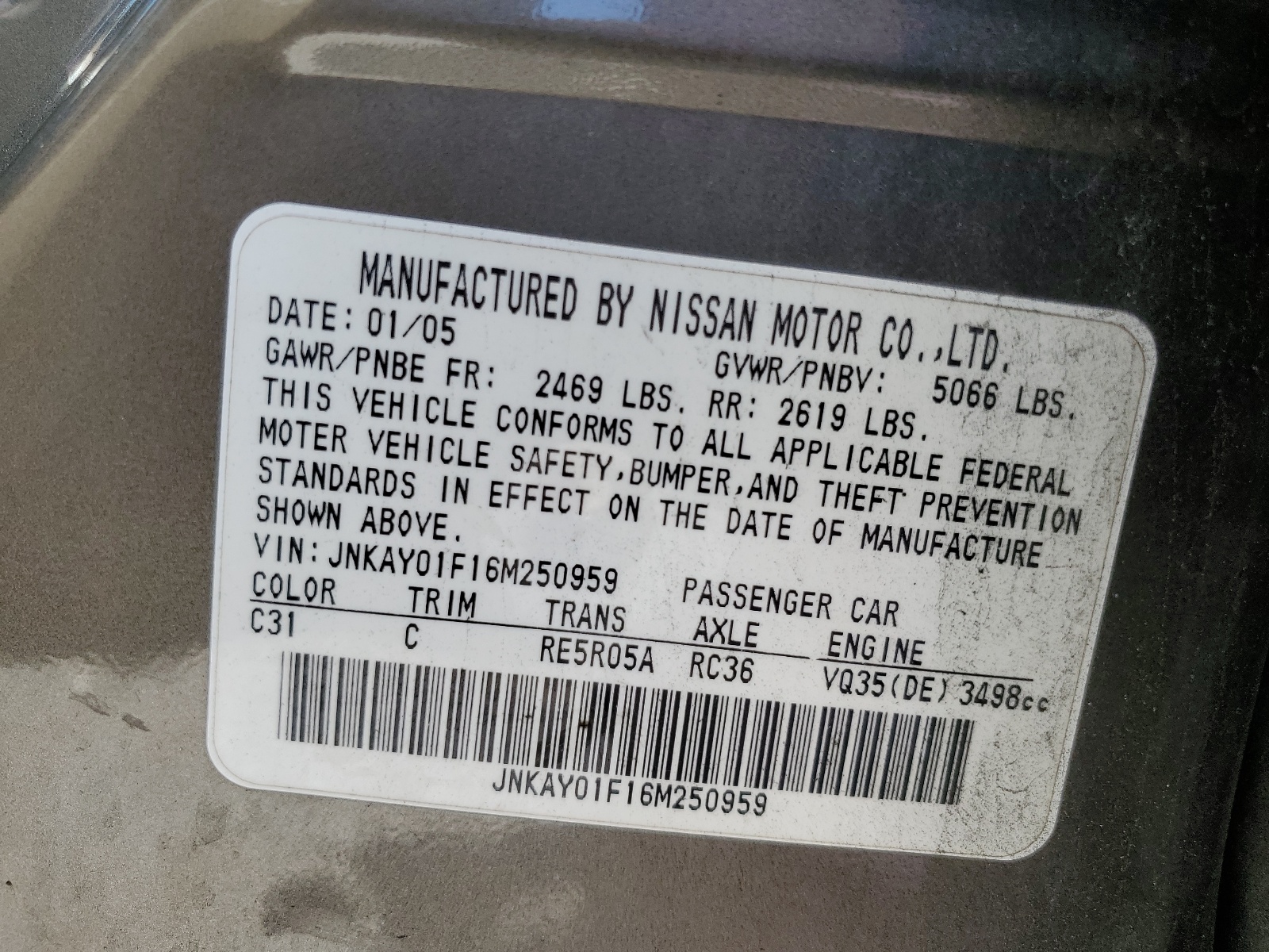 JNKAY01F16M250959 2006 Infiniti M35 Base