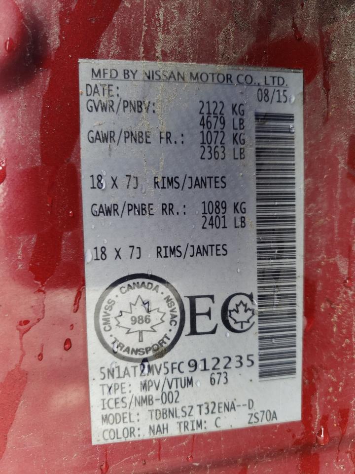 2015 Nissan Rogue S VIN: 5N1AT2MV5FC912235 Lot: 62867224