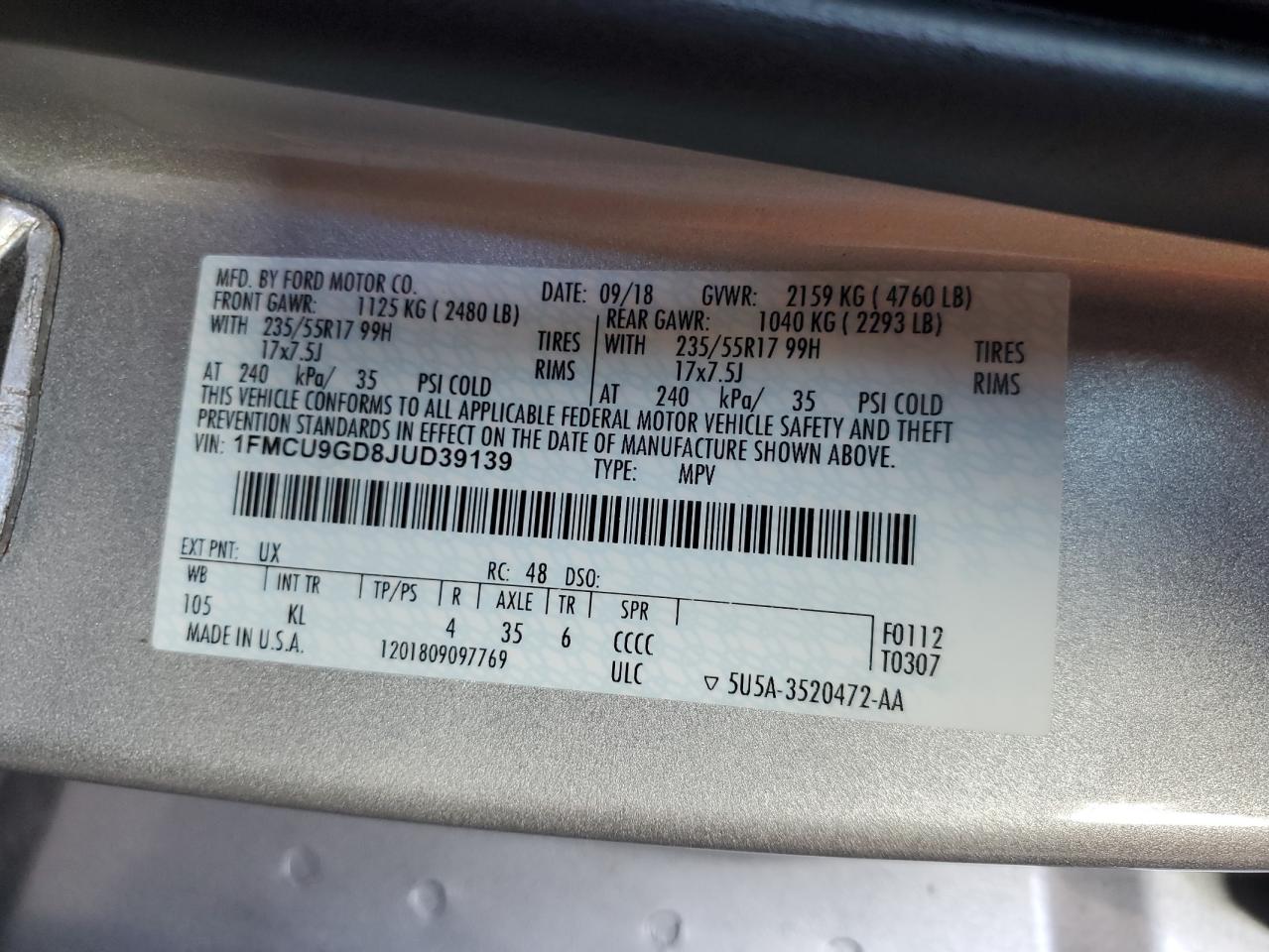 2018 Ford Escape Se VIN: 1FMCU9GD8JUD39139 Lot: 64984444