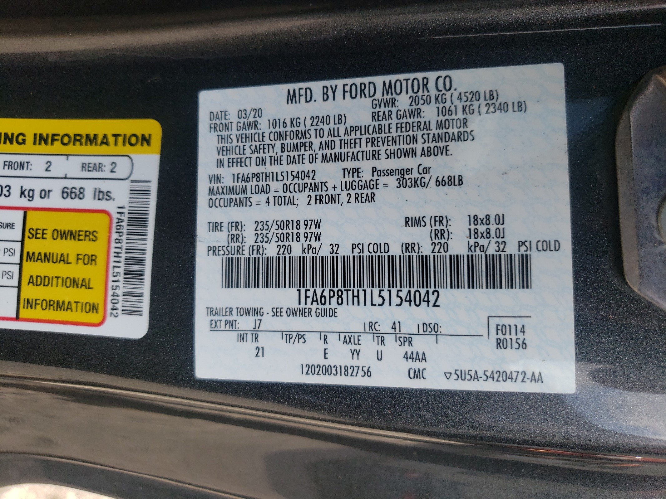 1FA6P8TH1L5154042 2020 Ford Mustang