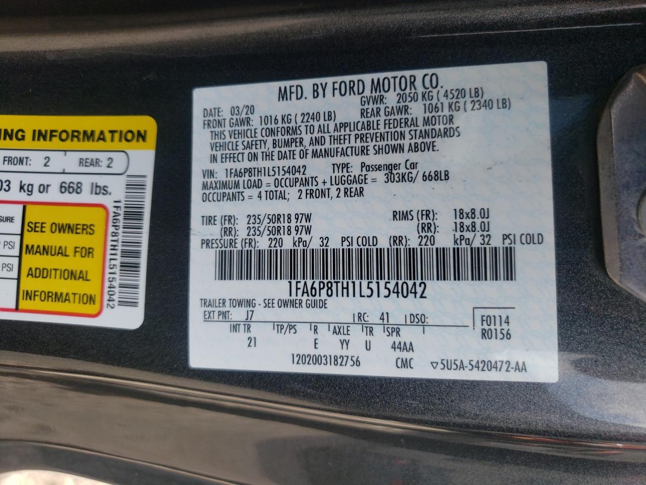 2020 Ford Mustang VIN: 1FA6P8TH1L5154042 Lot: 65087614