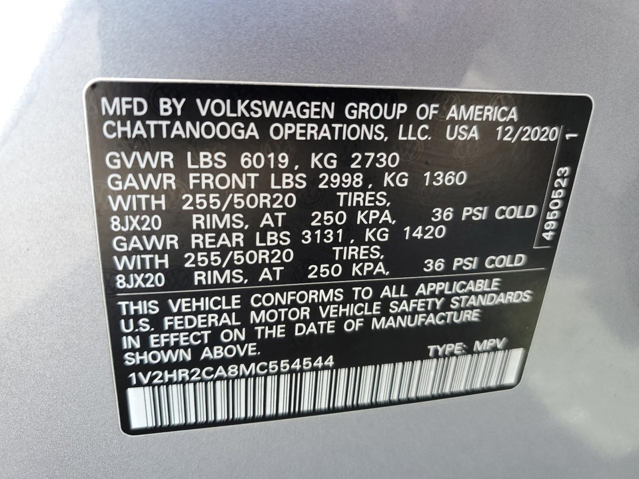 2021 Volkswagen Atlas Se VIN: 1V2HR2CA8MC554544 Lot: 63804554