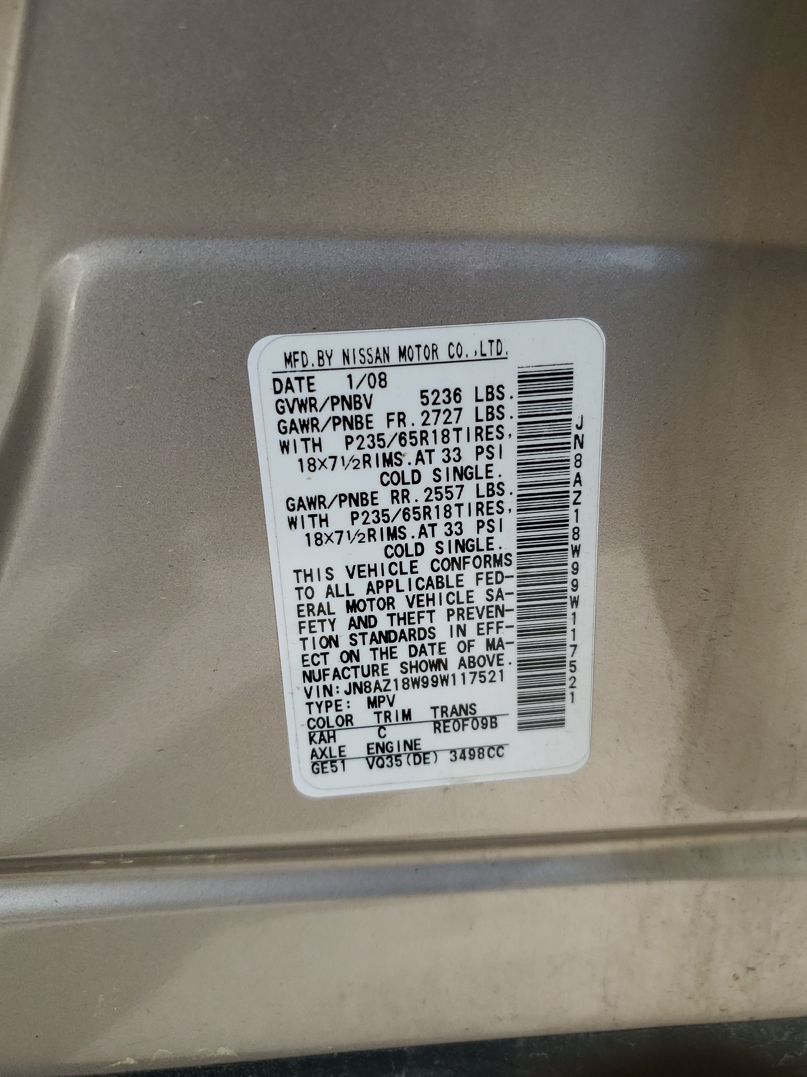 JN8AZ18W99W117521 2009 Nissan Murano S