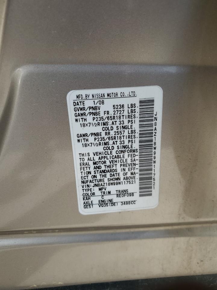 2009 Nissan Murano S VIN: JN8AZ18W99W117521 Lot: 63679694