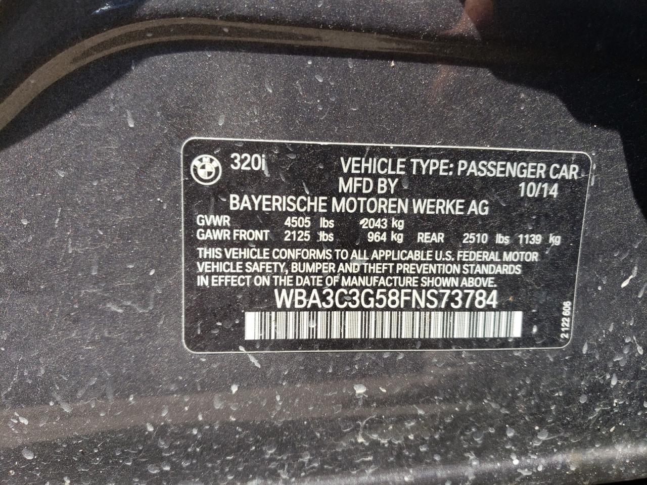 2015 BMW 320 I xDrive VIN: WBA3C3G58FNS73784 Lot: 64043264
