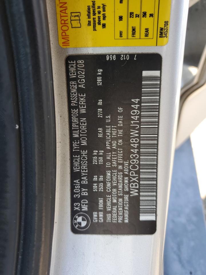 2008 BMW X3 3.0Si VIN: WBXPC93448WJ14944 Lot: 61749374