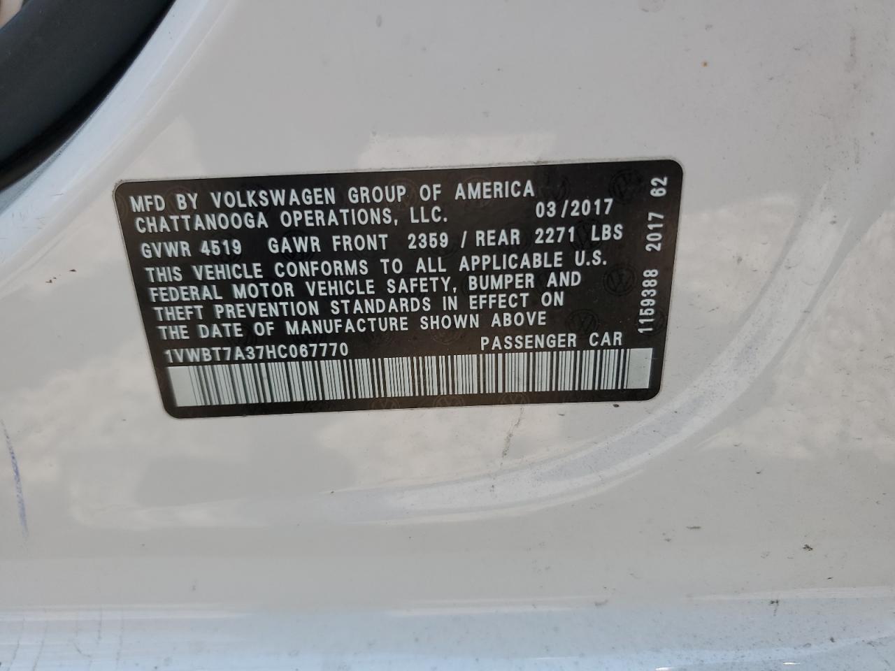 2017 Volkswagen Passat Se VIN: 1VWBT7A37HC067770 Lot: 64744584